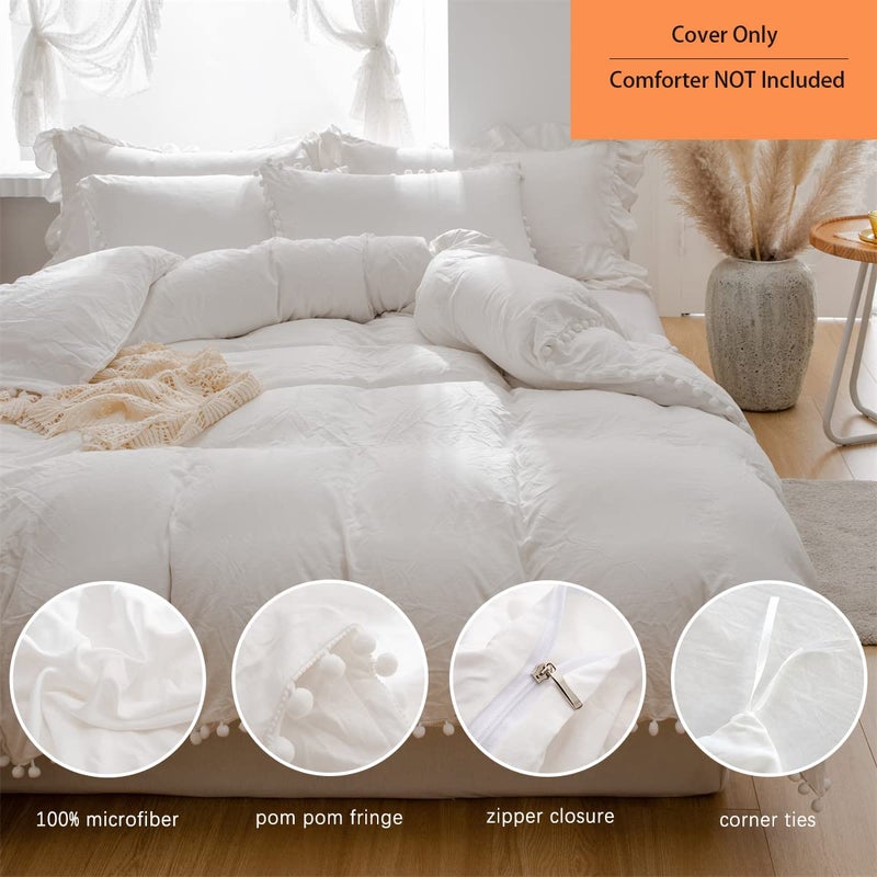 IHOUSTRIY Pom Poms Tassel Duvet Cover Set, Super Soft Lightweight Microfiber, Ball Fringe Pattern Design Boho Bedding Set, Zipper Closure and Ties, 3 PCS - Queen, White - Image 2